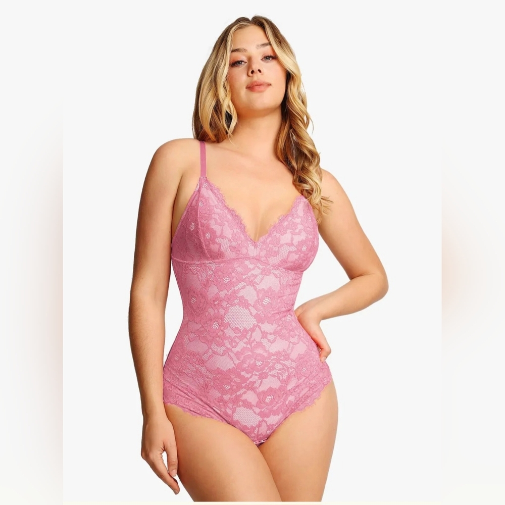 Lace V-Neck Bodysuit Tank Top - Pink